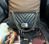 Chanel black and silver quilted medium Le Boy bag