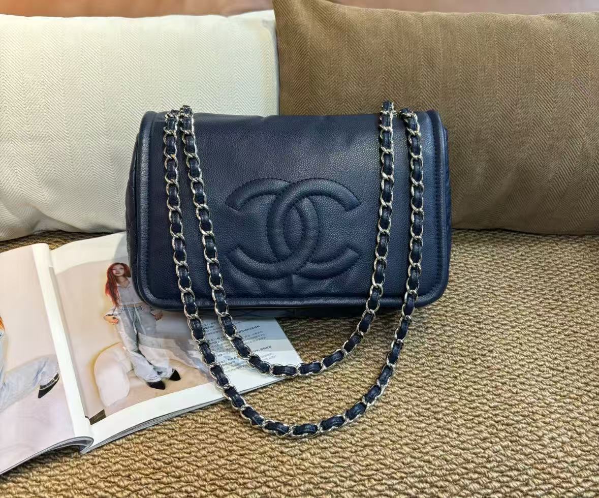 Chanel blue and silver large flap shoulder bag (airport style)