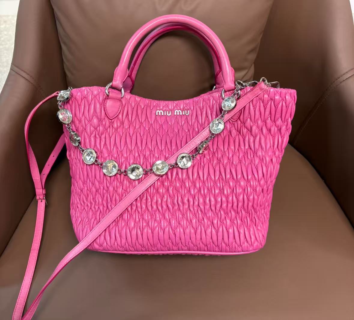 Miu Miu pink shopping basket bag with diamond chain