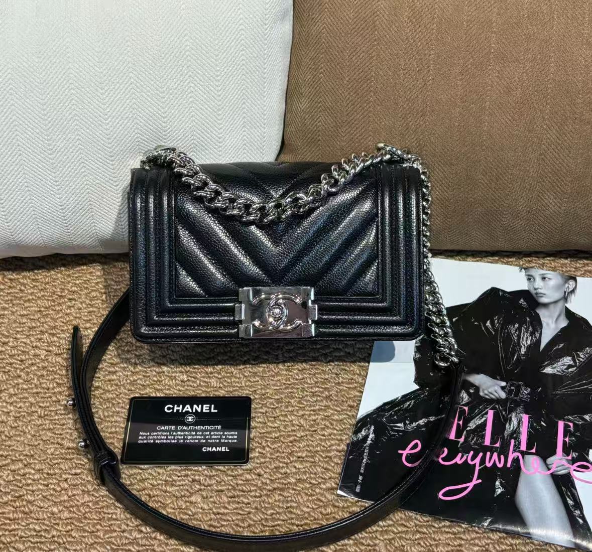 Chanel black and silver V-stitched Le Boy shoulder bag